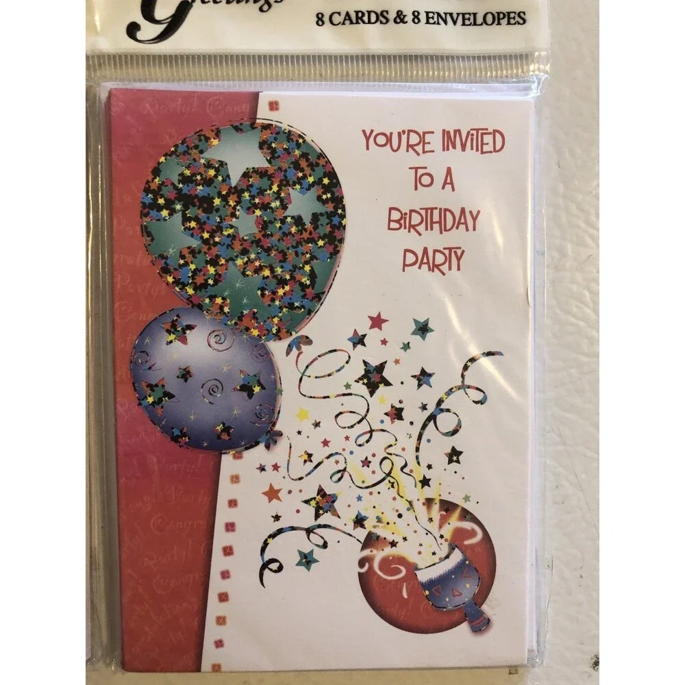 BIRTHDAY PARTY BALLOON Invitations  4 Pack + Envelopes POPULAR GREETINGS